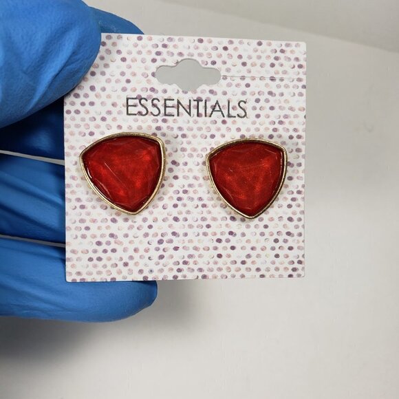 Bold Red Triangle Stud Earrings – Gold tone Geometric Statement Studs for Women - Picture 6 of 7